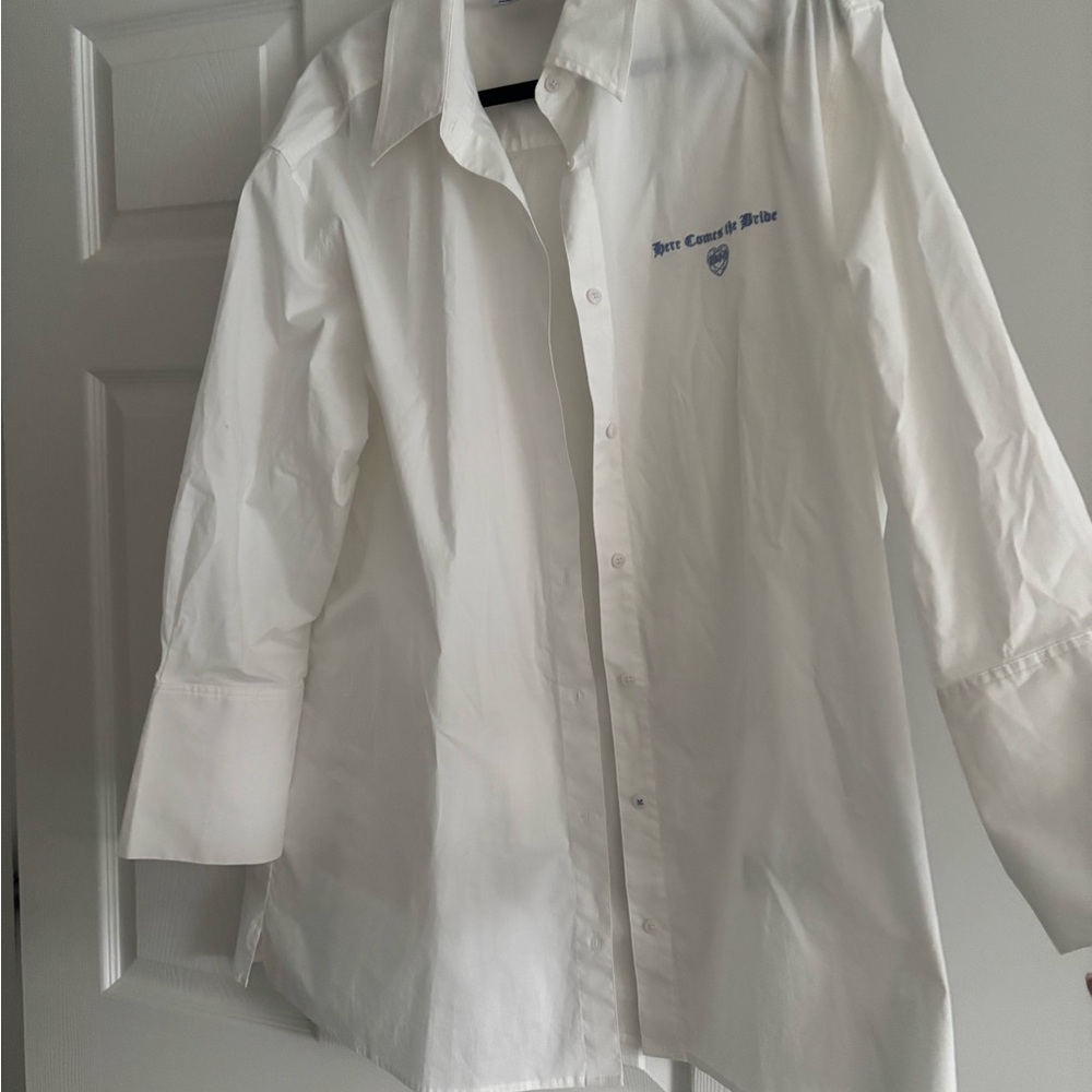 Anthropologie White Dress Shirt with Blue Embroidery